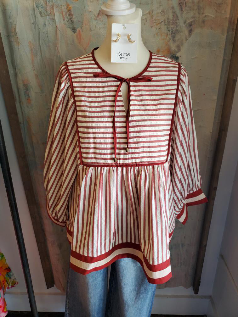 Stripe Peplum Tie Front Top