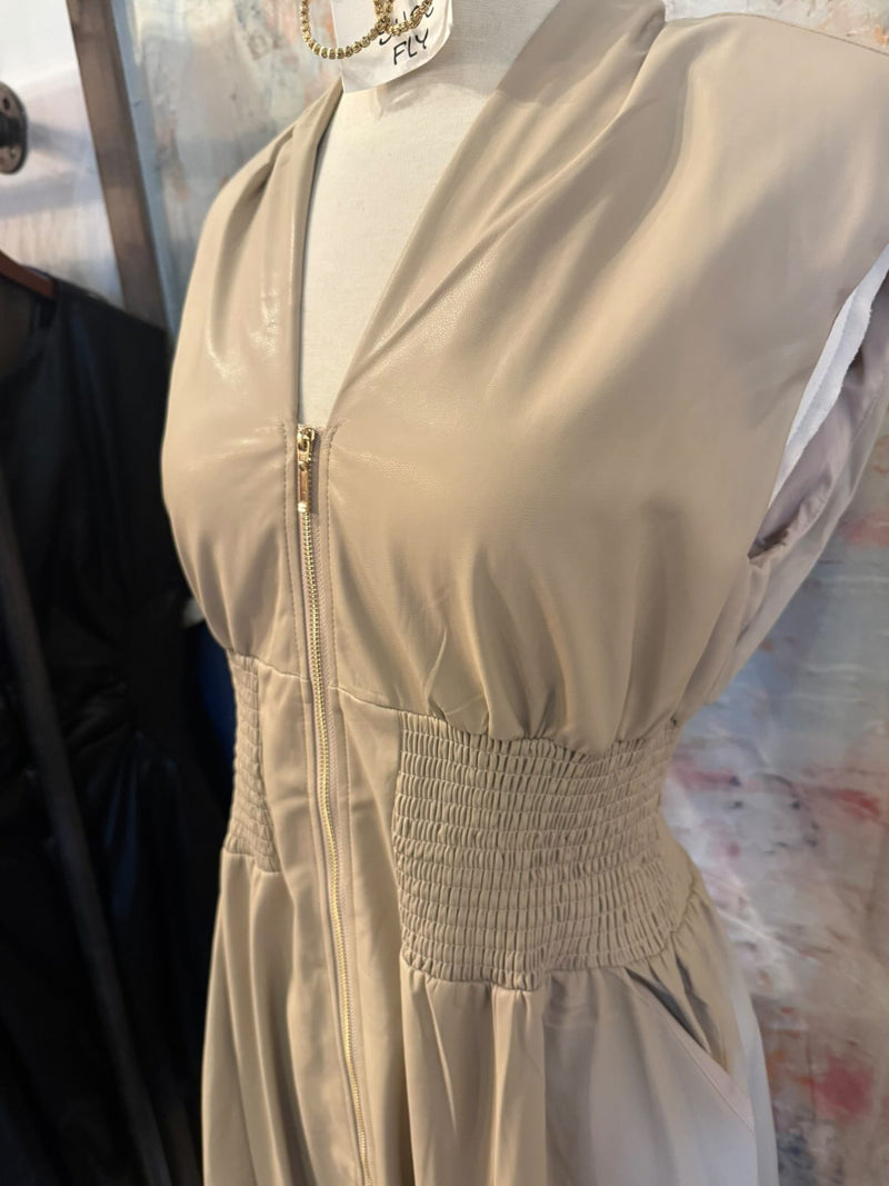 Smocked Waist Faux Leather Dress with Pockets