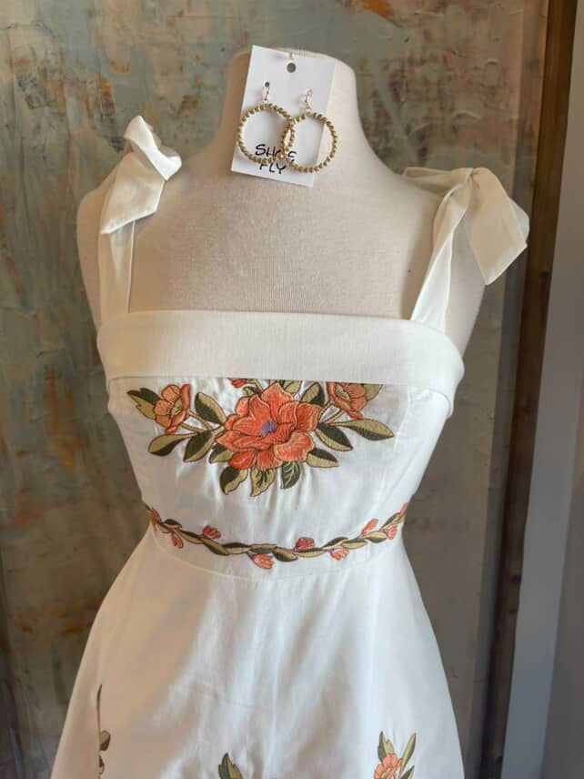 Tie Shoulder Embroidery Mini Dress