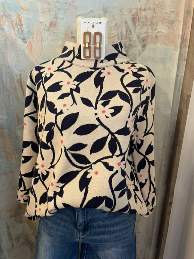 Floral Jacquard Navy/Beige Sweater