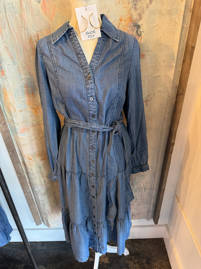 Chambray Long Sleeve Button Down Dress with Tie