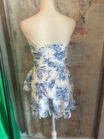 Floral Off White Blue Strapless Romper