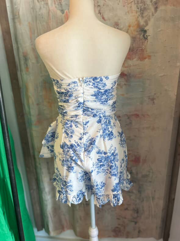 Floral Off White Blue Strapless Romper