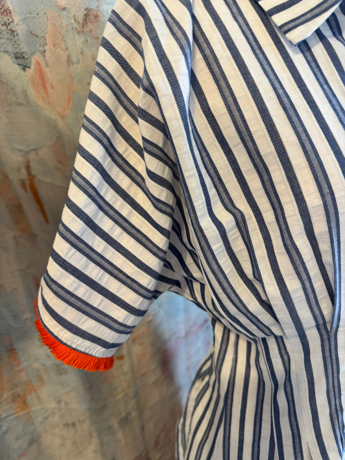 Stripe Shirt Dress with Orange Tassel Detail