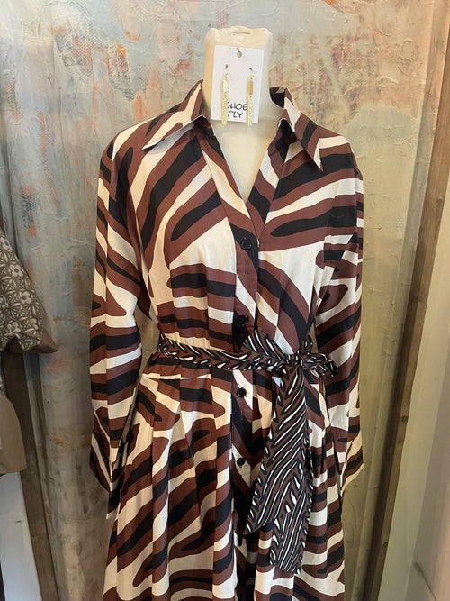 Print Long Sleeve Detail Belt Dress