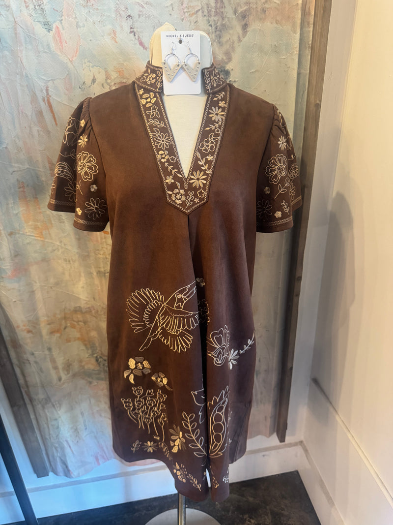Brown Short Sleeve Embroidered Detail Dress