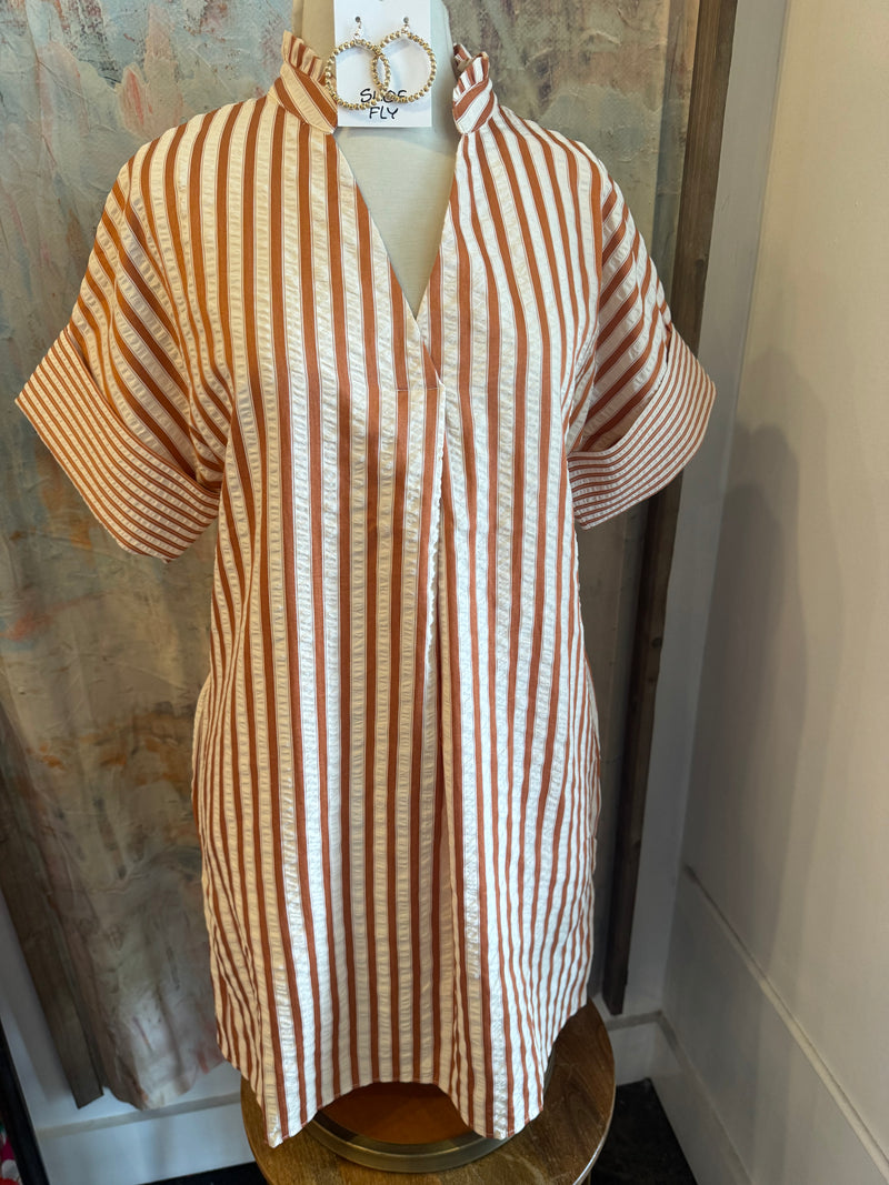 Short Sleeve Stripe Dress with Pockets__