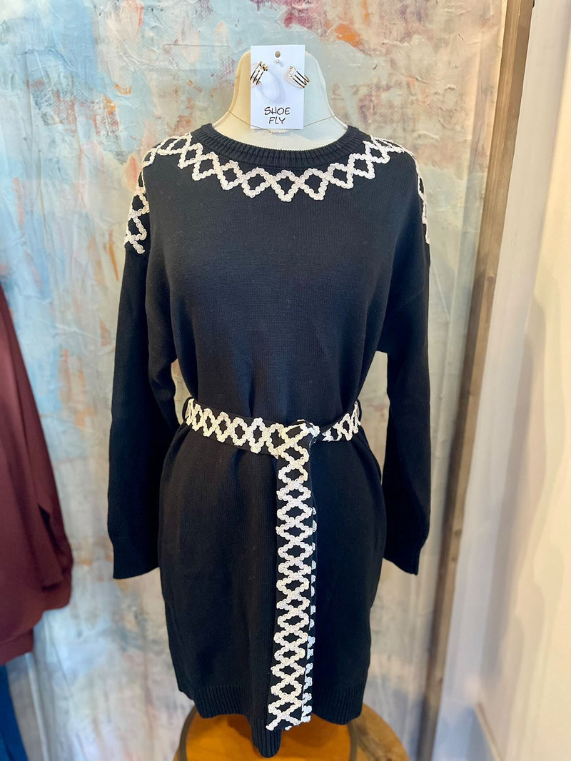 Long Sleeve Sweater Dress with Matching Detail Belt