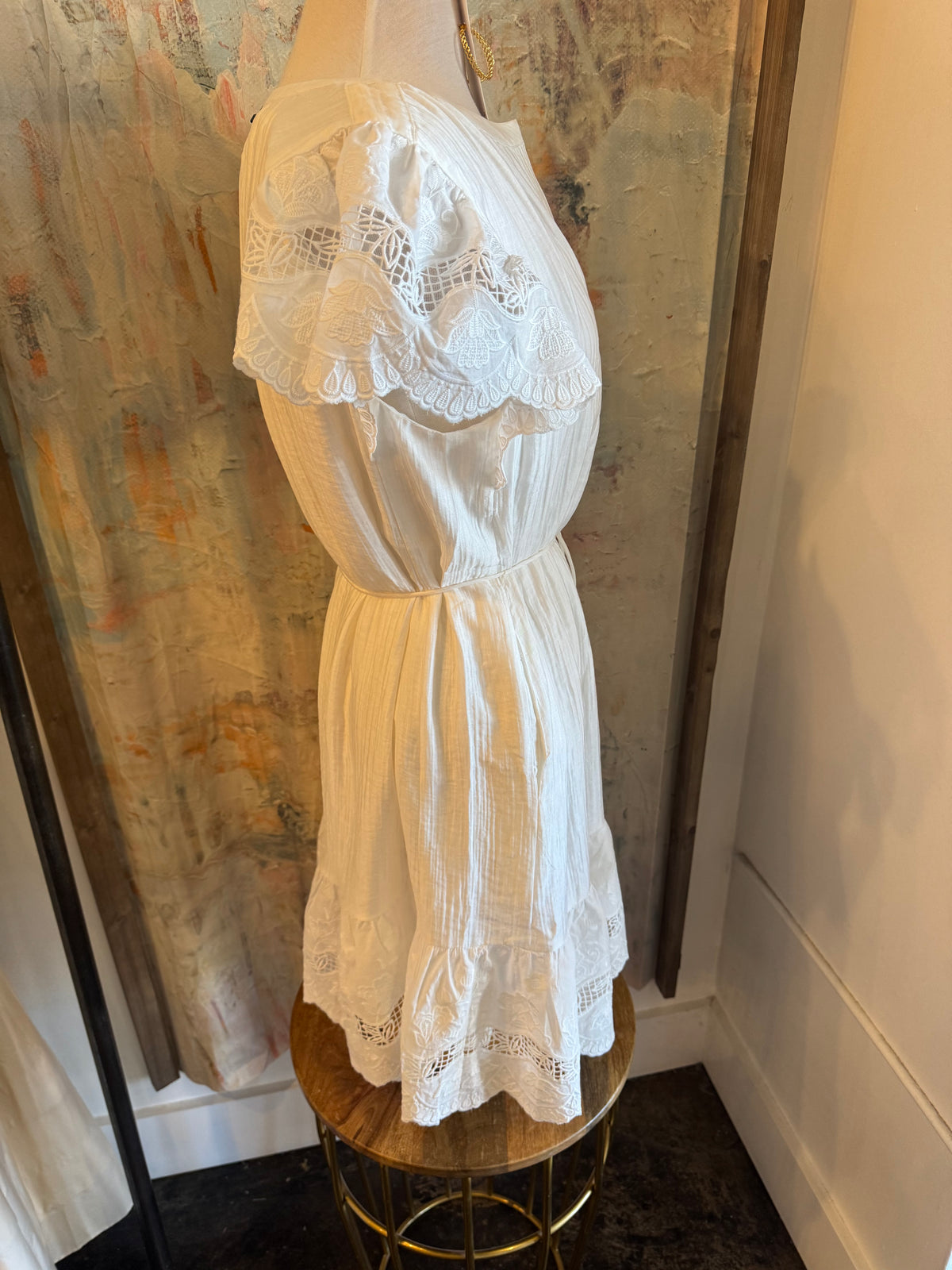 Split Neck Waist Tie Dress with Embroidery Detail