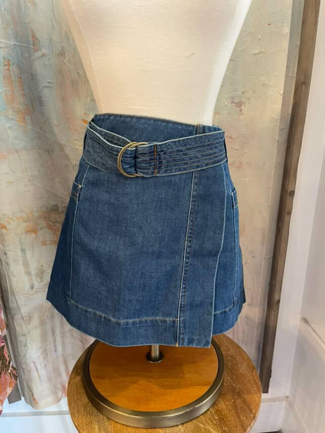 Denim Skirt with Belt and Detail Stitching