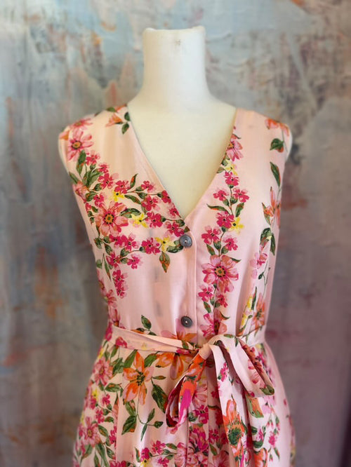 Button Down Peach Floral Dress with Tie