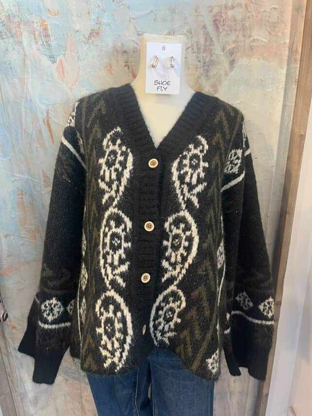 Black Print Cardigan with Pockets