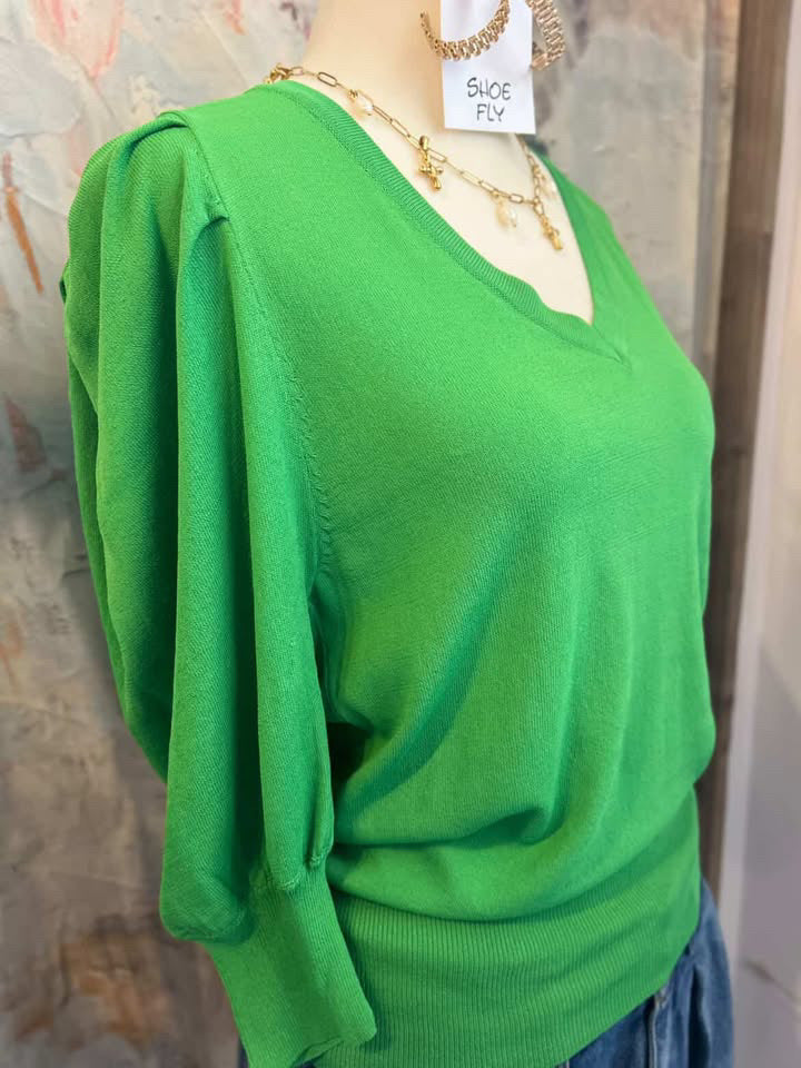 V Neck Puff Sleeve 3/4 Top