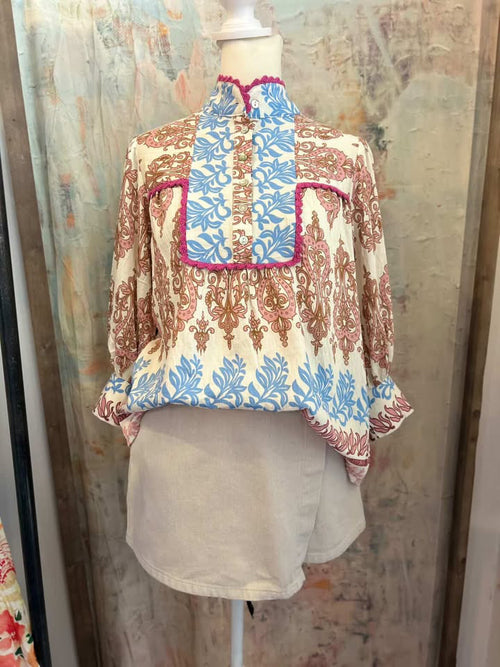 Tri Print Top with Button Detail