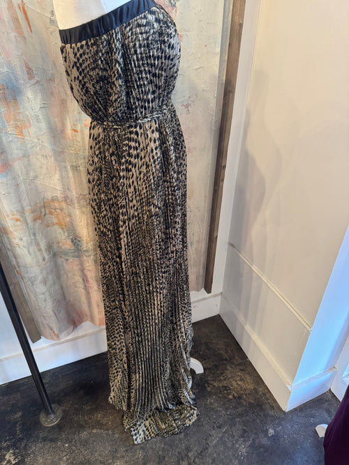 Strapless Print Tie Waist High Low Maxi Dress