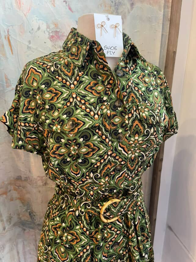 Olive Print Button Down Romper