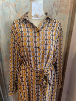 Brown Print Slip Dress with Sheer Overlay and Pockets