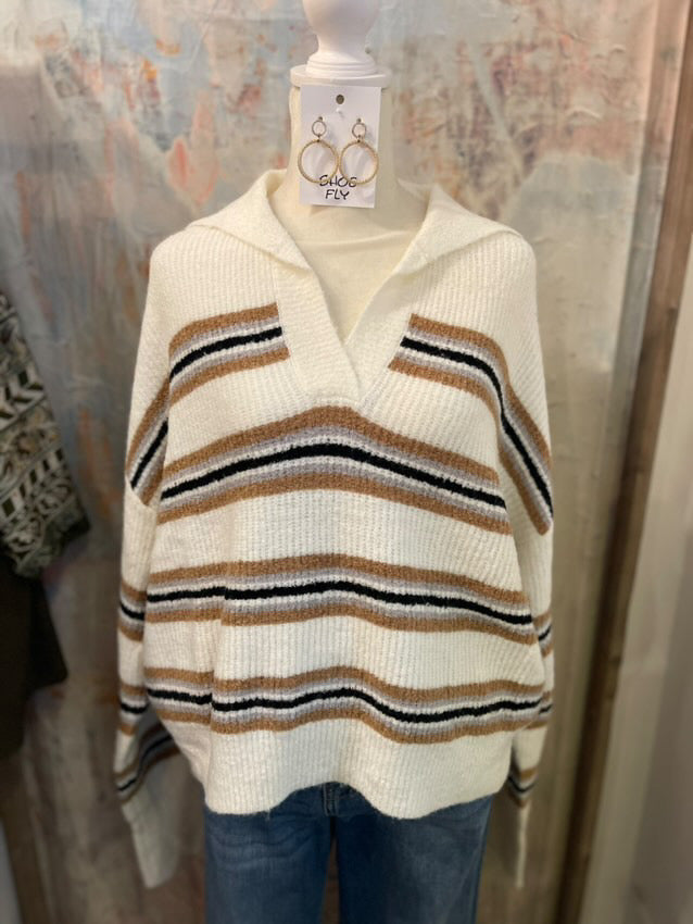 Stripe Wide Collar Sweater Top