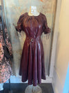 Pleated Faux Leather Midi Dress with Belt