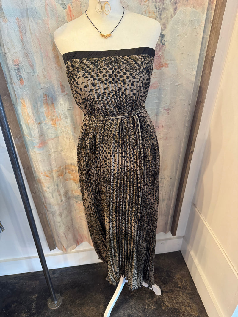 Strapless Print Tie Waist High Low Maxi Dress