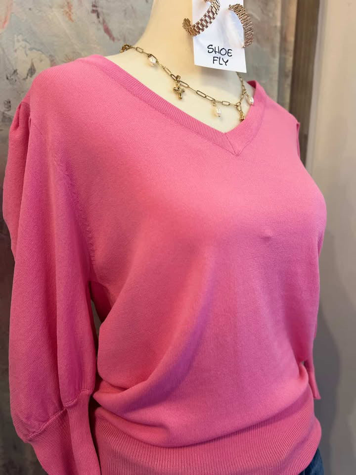 V Neck Puff Sleeve 3/4 Top
