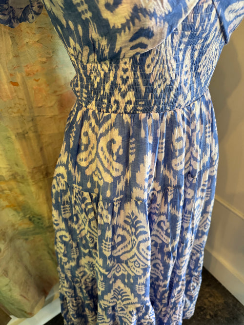 Puff Sleeve Tiered Blue Print Dress