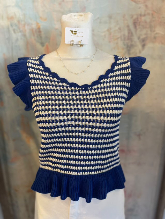 Blue/White Knit Ruffle Border Top