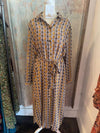 Brown Print Slip Dress with Sheer Overlay and Pockets