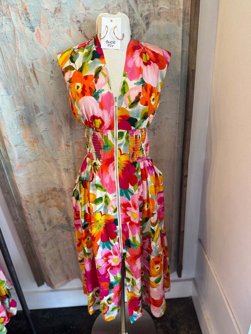 Zip Front Floral Elastic Waist Dress