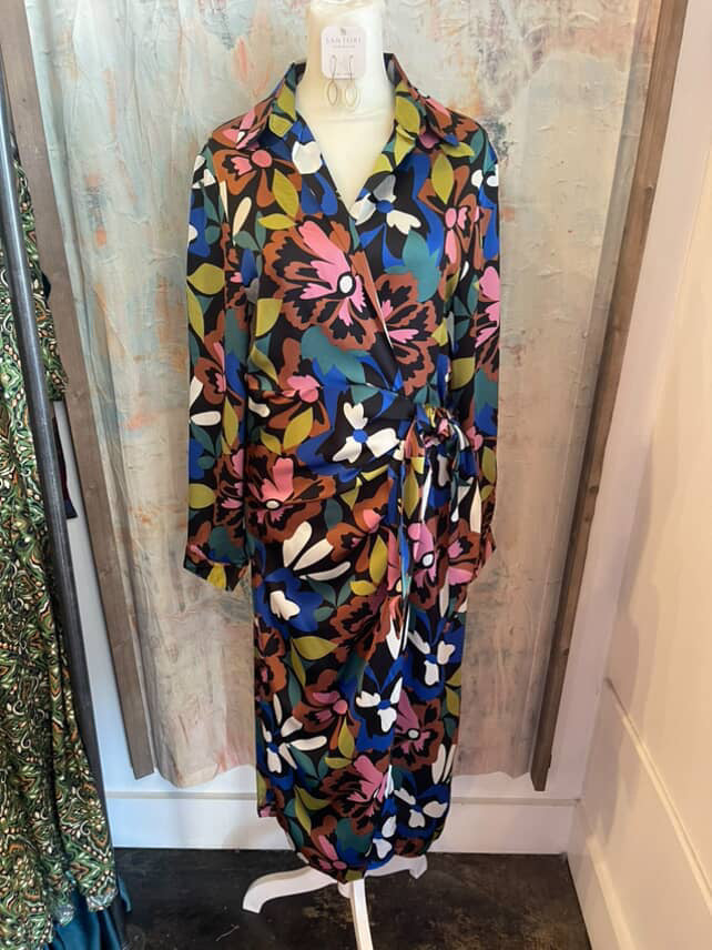 Wrap Side Tie Long Sleeve Print Dress