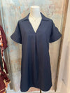 Short Sleeve V Neck Navy Pocket Dress