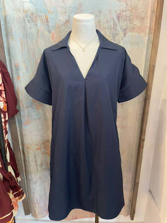 Short Sleeve V Neck Navy Pocket Dress