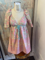 Pink Cream Combo Dress with Velvet Tie Detail