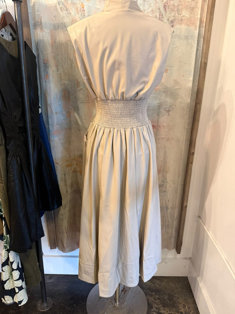 Smocked Waist Faux Leather Dress with Pockets