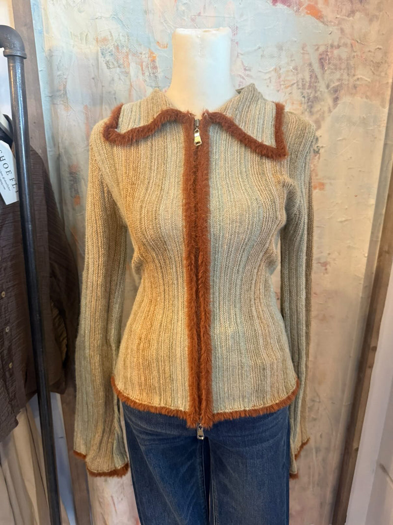 Fur Detail Sage Zip Front Sweater Top