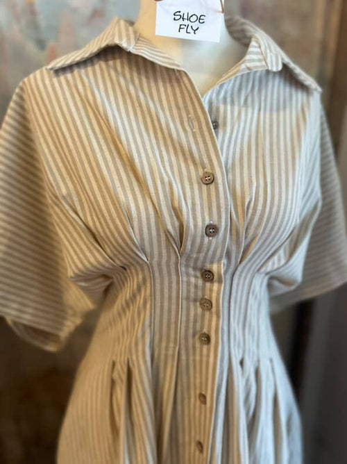 Striped Button Down Shirt Dress with Pockets