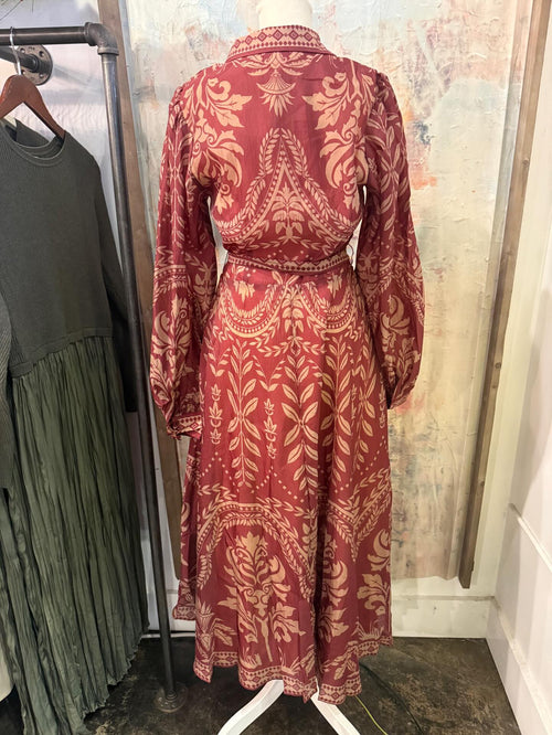 Burgundy Print Dress with Tie Waist