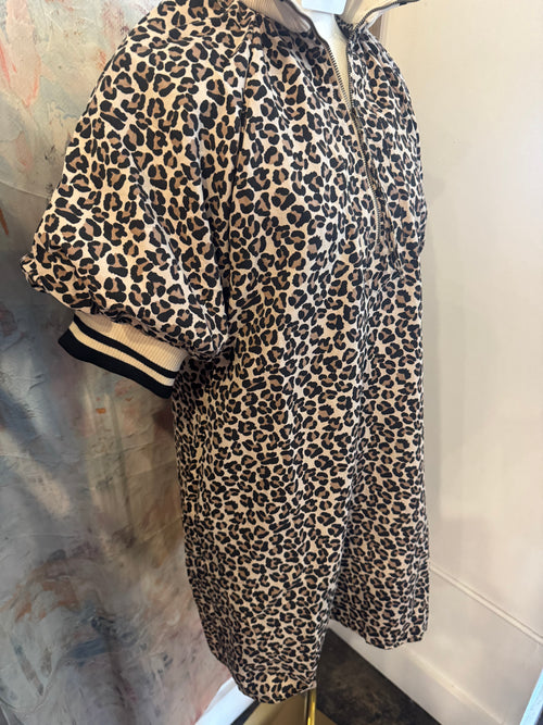 Animal Print Zip Neck Detail Dress with Pockets