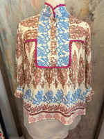 Tri Print Top with Button Detail
