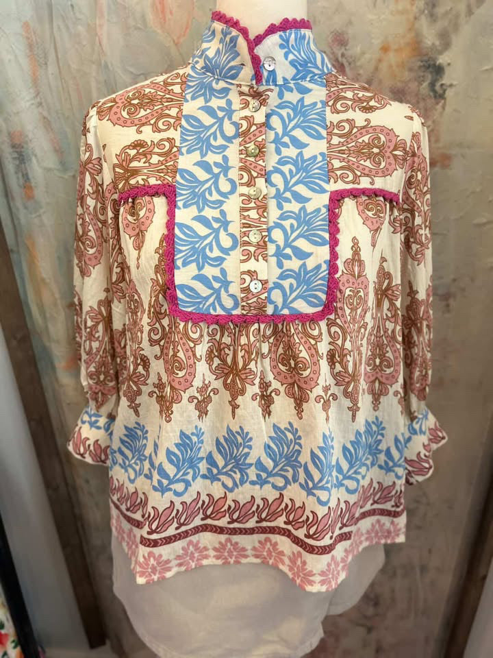Tri Print Top with Button Detail