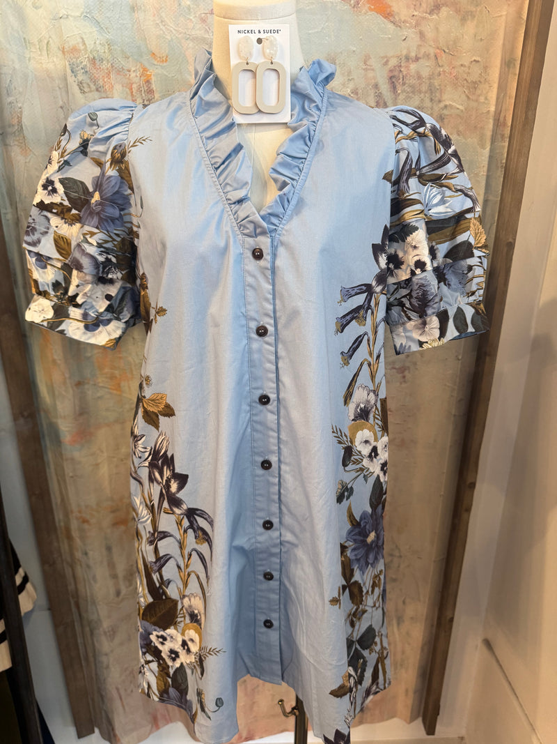Floral Print Chambray Dress with Pockets