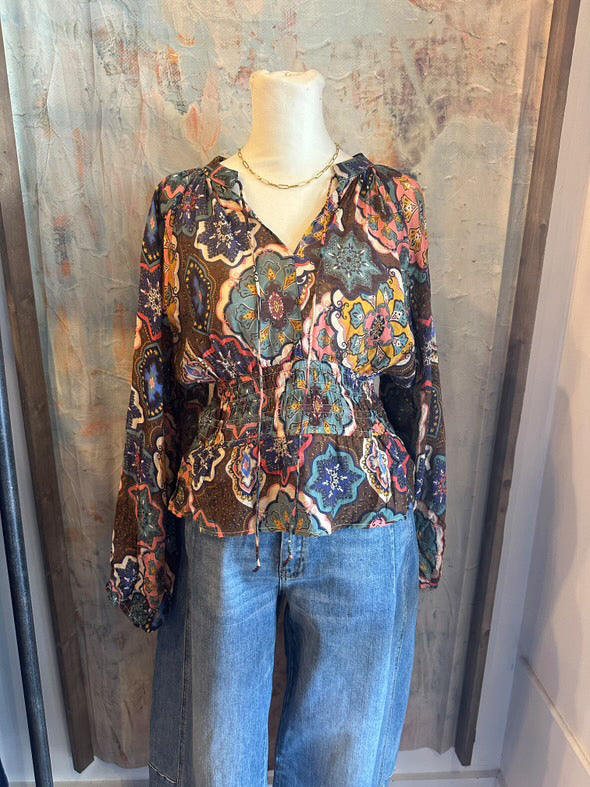 Print V Neck Blouse with Smock Waist