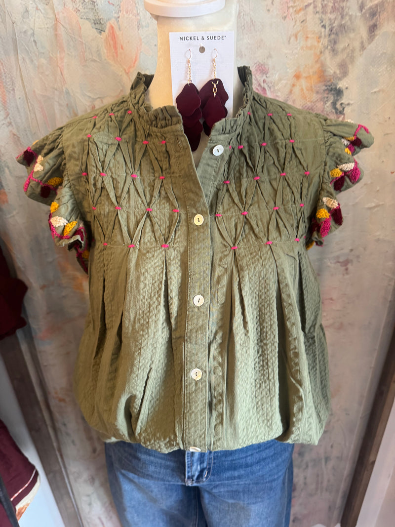 Button Up Embroidery Top with Flutter Sleeve