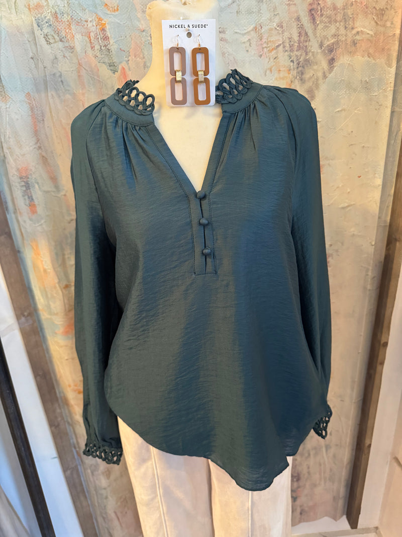 Dark Teal Neck Detail Long Sleeve Top