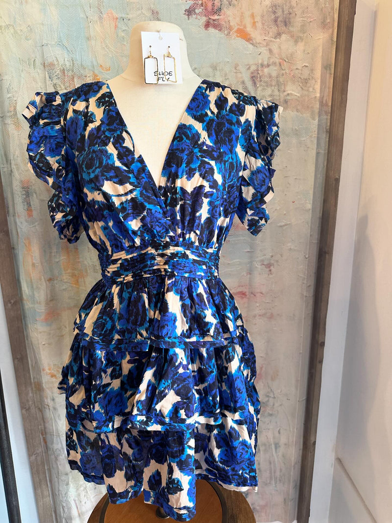 Beige Blue Print Ruffle Detail Dress