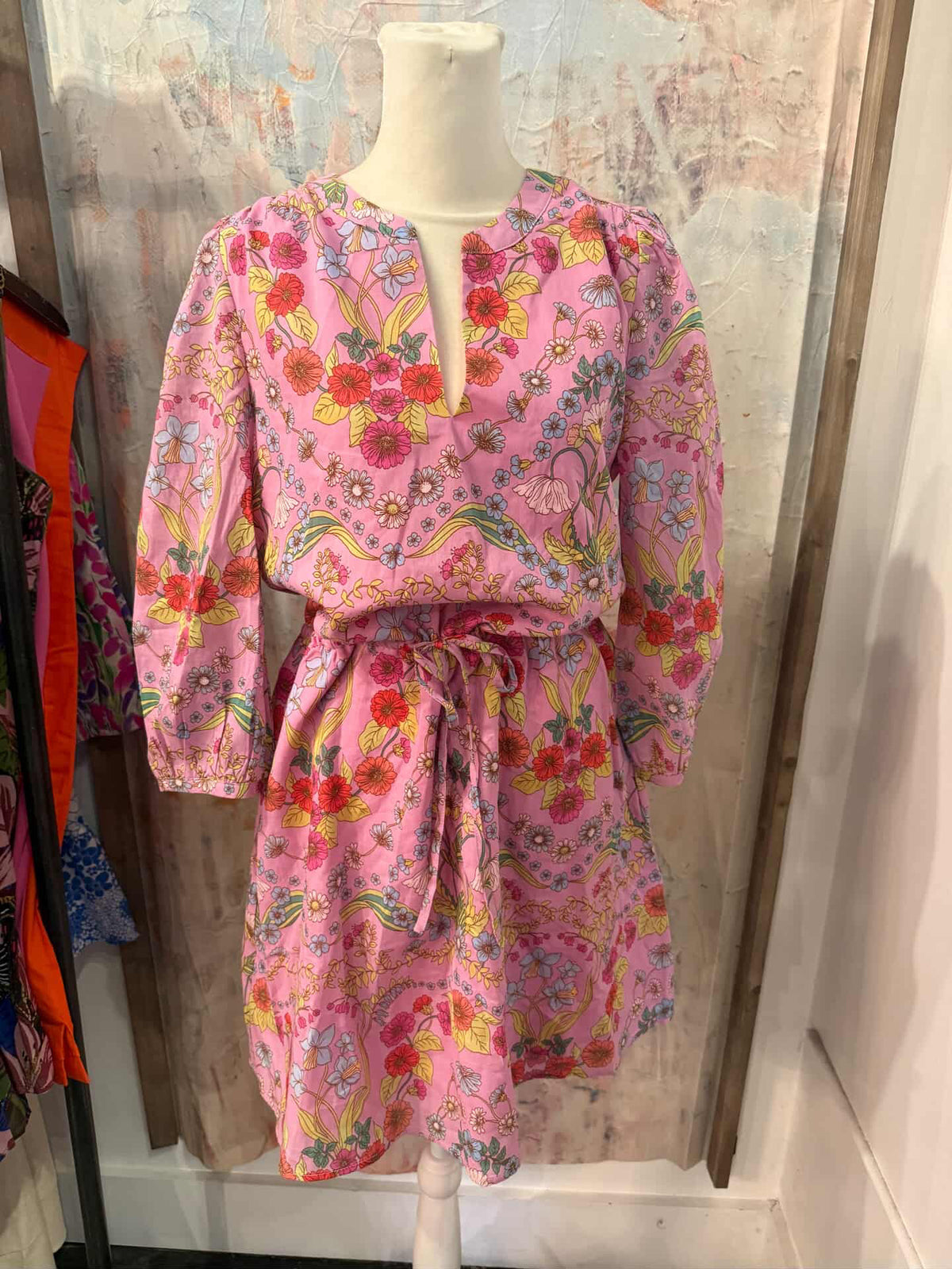 Pink Multi Floral Drawstring Dress with Pockets
