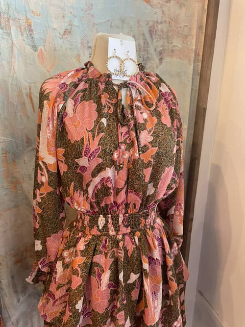 Green Pink Tiered Long Sleeve Dress