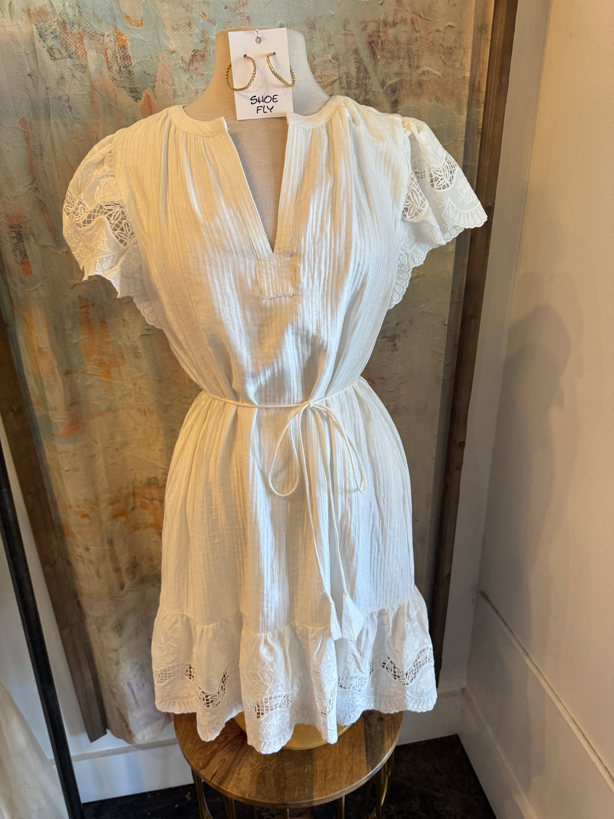 Split Neck Waist Tie Dress with Embroidery Detail