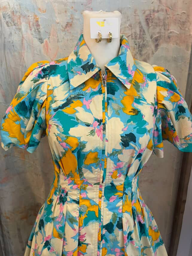 Multi Floral Zip Front Bubble Dress