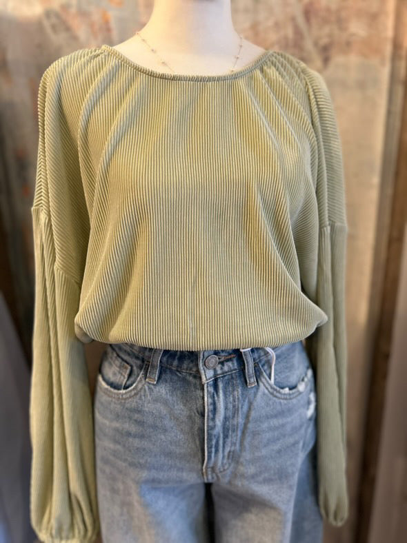 Micro Pleated Knit Top with Bishop Sleeve